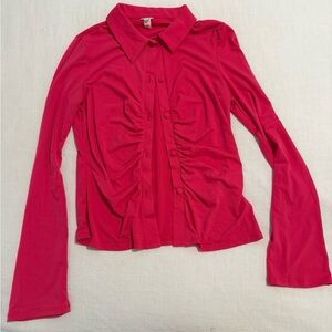 River Island Pink Ruched Long Sleeve Button Down Collared Blouse Top US Sz 4